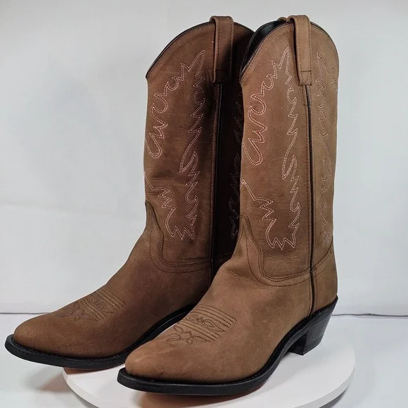 Western Cowboy Boots Women Brown Suede Pink Stitching Heel Round Toe New - Picture 1 of 8